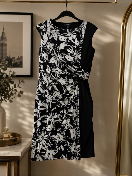 Chaps Dresses & Skirts - Chaps Black & White Floral Side-Drape Midi Dress